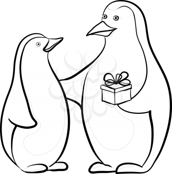 Antarctic black and white emperor penguins with a festive gift box, contours. Vector