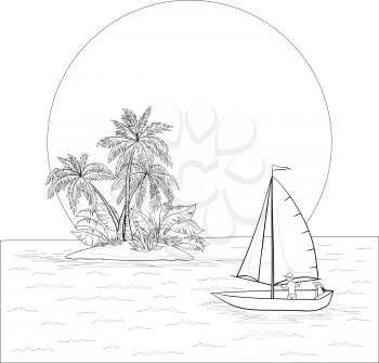 Sailing boat with a people floating in the tropical sea against the backdrop of the island with palm and sun, contours. Vector