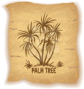 Tropical Palm Trees and Grass Silhouettes and Inscription on Vintage Background of an Old Sheet of Paper. Eps10, Contains Transparencies. Vector