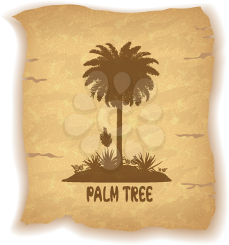 Tropical Palm Trees, Flowers and Grass Silhouettes and Inscription on Vintage Background of an Old Sheet of Paper. Eps10, Contains Transparencies. Vector