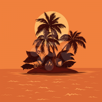 Vector, tropical sea island with palm trees and sun