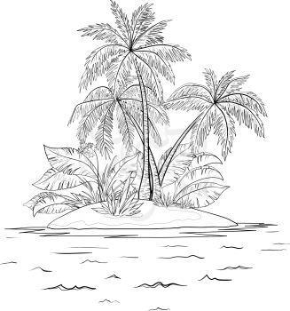Tropical sea island with palm trees, contours. Vector