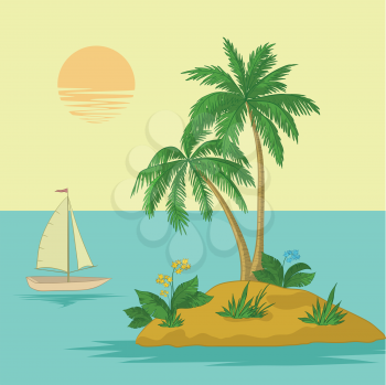 Ship, sun, tropical sea island with palm trees and flowers. Vector