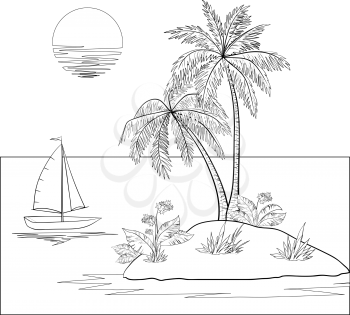 Ship, sun, tropical sea island with palm trees and flowers. Black contour on white background. Vector
