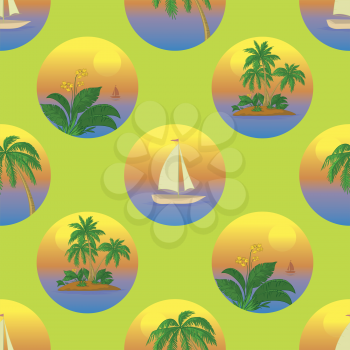 Seamless tropical background with a sailboat at sea, palms and flowers. Vector illustration