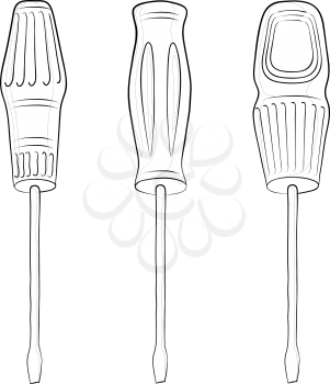 Tools, set of screwdrivers with various handles, contours. Vector