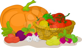 Still life, various vegetables and wattled basket on white background. Vector