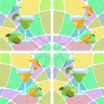 Seamless Background, Glasses with Drink and Fruit, Apples, Kiwis, Pears and Abstract Pattern. Eps10, Contains Transparencies. Vector