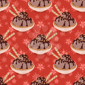 Seamless Background, Cup with Chocolate Ice Cream, Waffles and Almond Nuts on Abstract Floral Pattern. Eps10, Contains Transparencies. Vector