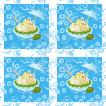 Seamless Background, Cup with Ice Cream, Kiwi Fruit, Waffles, Umbrellas and Almond Nuts on Abstract Blue Floral Pattern with a White Square Frames. Eps10, Contains Transparencies. Vector