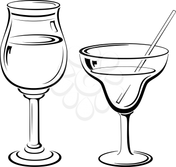 Glass Goblets with Drinks and Straw, Black Contour Pictograms Isolated on White Background. Vector