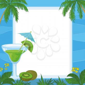 Exotic Food and Drink, Glass with Drinking Straw and Umbrella, Juice and Kiwi Fruit on the Background of an Empty Plate with Blue Frame with Pattern Of Waves, Flowers, Grass and Palm Trees. Vector