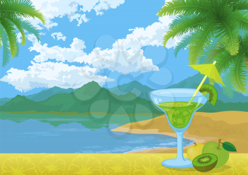 Food and Drink, Glass with Cocktail, Drinking Straw, Kiwi Fruit and Apples on the Background of Sea Bay, Mountains, Blue Sky with Clouds and Palm Trees Leaves. Eps10, Contains Transparencies. Vector