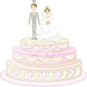 Holiday wedding pie with bride and groom figurines. Vector