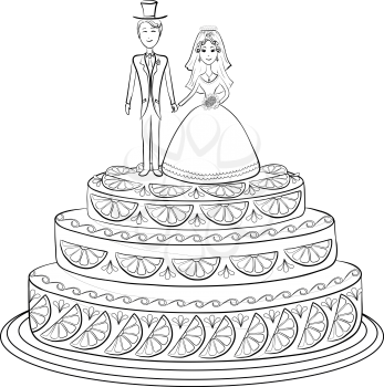 Holiday wedding pie with bride and groom figurines, black contour on white background. Vector