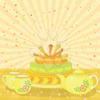 Holiday cake, teapot and cups on the background with the rays and confetti. Vector