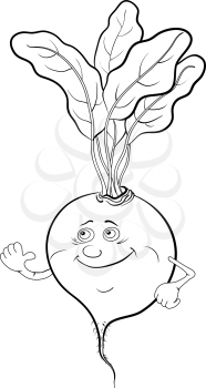 Cartoon vegetable, character beet with leaves, black contours on white background. Vector