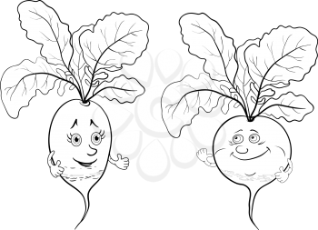 Cartoon vegetables, two character radish, black contour on white background. Vector