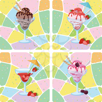 Seamless Background, Glasses with Ice Cream, Strawberries and Cherry Berries on Abstract Pattern. Eps10, Contains Transparencies. Vector
