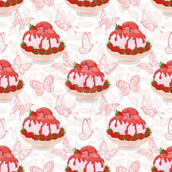 Seamless Background, Cup with Ice Cream, Strawberries, Rose Syrup and Nuts on Pattern with Butterflies and Leaves Contours. Eps10, Contains Transparencies. Vector