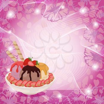 Food, Cup with Ice Cream, Strawberries, Almonds Nuts and Waffles on Background with Lines, Stars and Abstract Floral Pattern. Eps10, Contains Transparencies. Vector