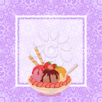 Food, Ice Cream, Strawberries, Almond Nuts, Waffles and Spoon on the Background to a Poster with Abstract Floral Pattern. Eps10, Contains Transparencies. Vector
