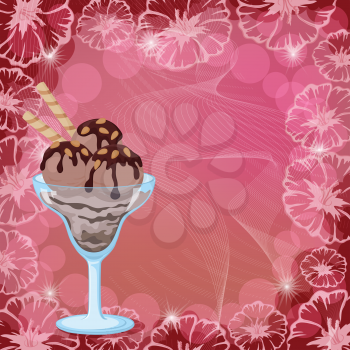 Food, Glass with Chocolate Ice Cream, Waffles and Almond Nuts on Abstract Background with Flowers, Circles, Stars and Lines. Eps10, Contains Transparencies. Vector