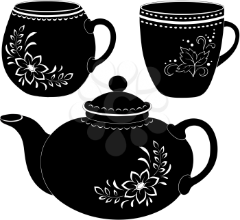 China teapot and cups with a floral pattern, black contour on white background. Vector