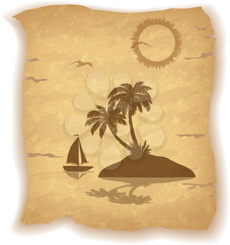 Tropical Landscape, Sea Island with Palm Trees, Ship, Sun and Bird Gull Silhouettes on Vintage Background of an Old Sheet of Paper. Eps10, Contains Transparencies. Vector