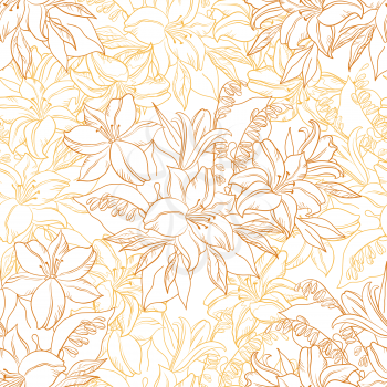 Seamless Floral Pattern, Lily and Mine Flowers Contours on White Background. Vector