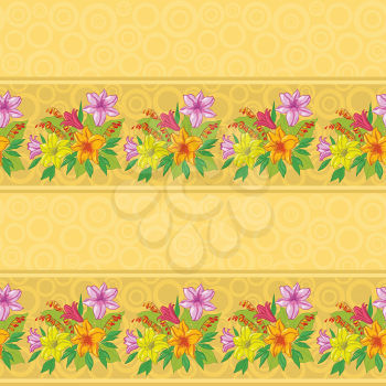 Seamless floral background, lily flowers, stripes and circles. Vector