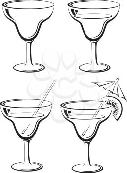 Glasses with drink, set: empty, with a drink, with a kiwifruit and straw. Symbolical pictogram, black contour on white background. Vector
