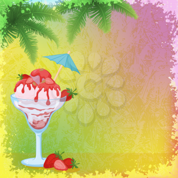 Exotic Food, Glass Goblet with Ice Cream, Strawberries, Almond Nuts and Umbrella on Abstract Background with Palm Trees Branches. Eps10, Contains Transparencies. Vector