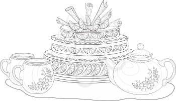 Holiday cake, teapot and cups, black contours on white background. Vector