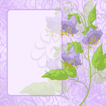 Kobe flowers and green leaves on lilac background with frame and curves. Vector