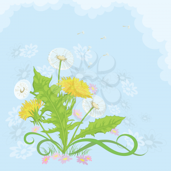 Dandelions and symbolical summer flowers on background of blue sky and white clouds. Vector