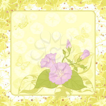 Ipomoea flowers and butterfly silhouettes on yellow and green background. Vector