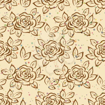 Seamless Pattern, Flowers Rose and Leaves Brown Contours Pictograms on Background with Colored Circles. Eps10, Contains Transparencies. Vector