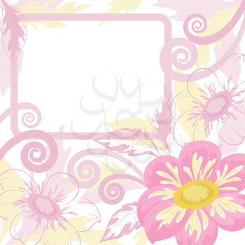Pink background with white frame and flowers dahlia. Vector
