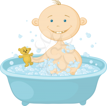 Cartoon, cheerful smiling child sitting in a bath with soap and holding a teddy bear. Vector