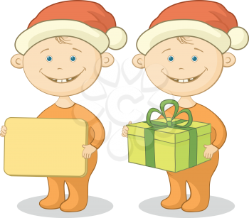 Cartoon children in a Santa Claus hats with a holiday gift box and plate. Vector
