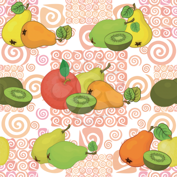Seamless background, apples, kiwifruit, pears and abstract pink pattern. Vector