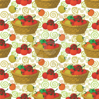 Seamless pattern, wicker baskets, vegetables tomatoes and abstract background. Vector