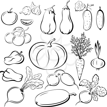 Set Vegetables, Black Outline Pictograms Isolated on White Background. Vector