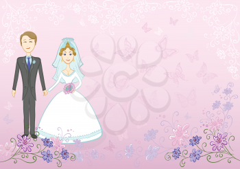 Cartoon, wedding, the bride and groom on a pink background with a symbolical flowers and butterflies. Vector