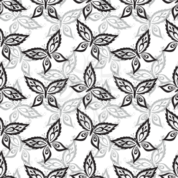 Seamless pattern, symbolical butterflies black contours on white background. Vector