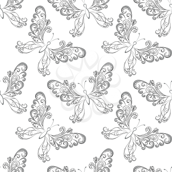 Seamless pattern, symbolical butterflies black contours on white background. Vector