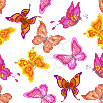 Seamless background, various symbolical butterflies, coloured contours on a white background. Vector