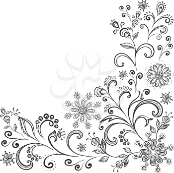 Floral pattern, black symbolical contour flowers on white background. Vector