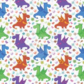 Seamless pattern, cartoon colorful Dragons on backgrounds with symbolical flowers and hearts. Vector